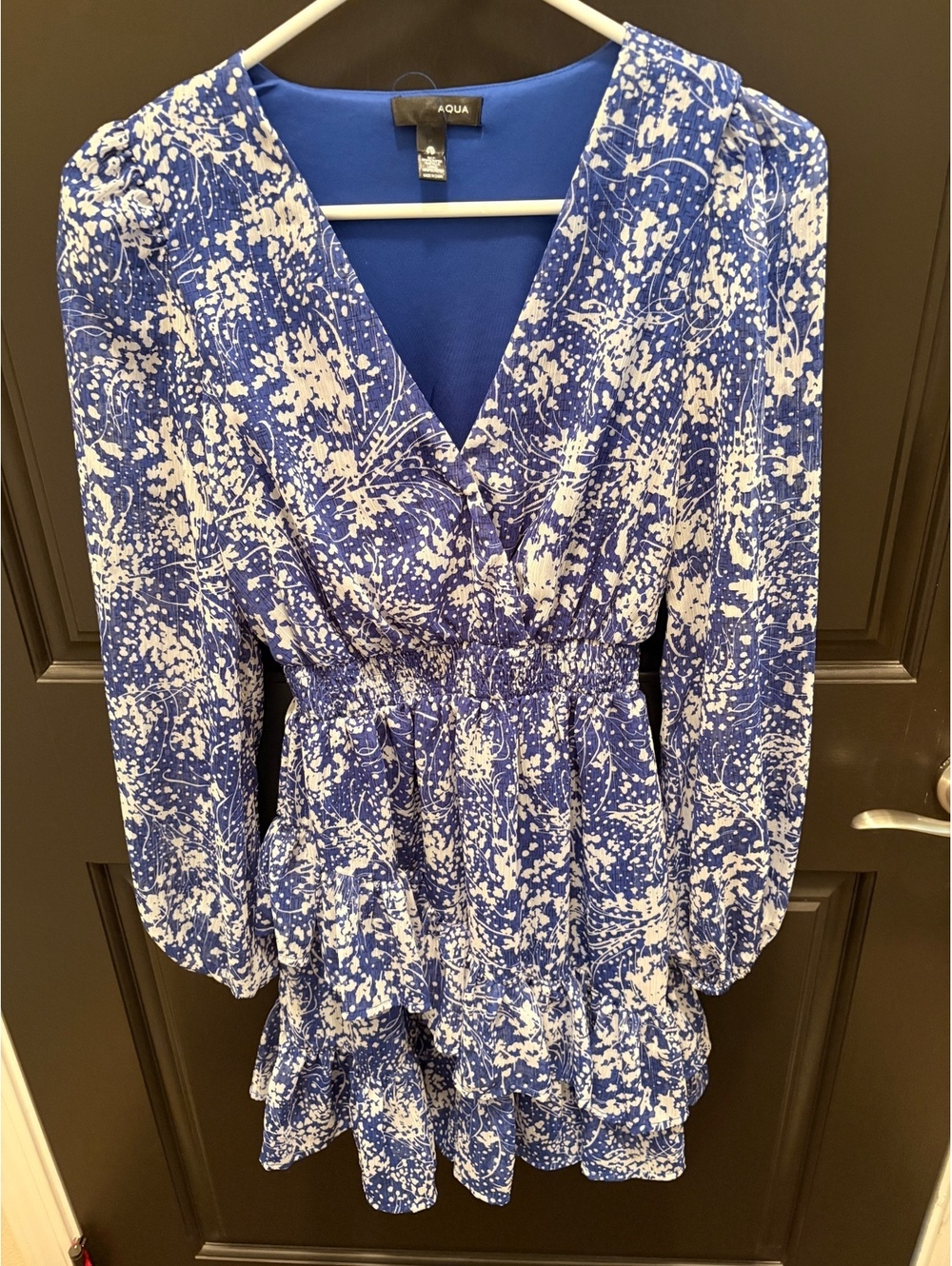 AQUA Blue Floral Long Sleeve Ruffled Dress Parisian Chic XS
